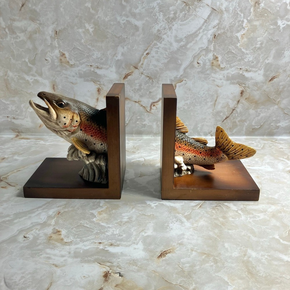 VTG Sterling Rainbow Trout Freshwater Fish Bookends Resin & Wood Rustic - Picture 2 of 12